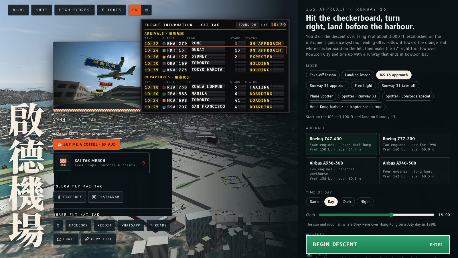 The Fly Kai Tak home screen with a large green Begin descent button pinned to the bottom of the menu panel.