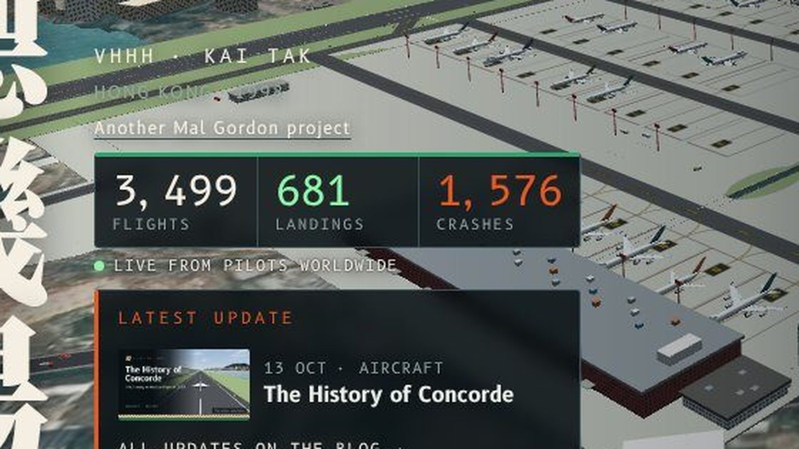 Close-up of the three totals: flights in white, landings in green and crashes in orange, with a live marker below.