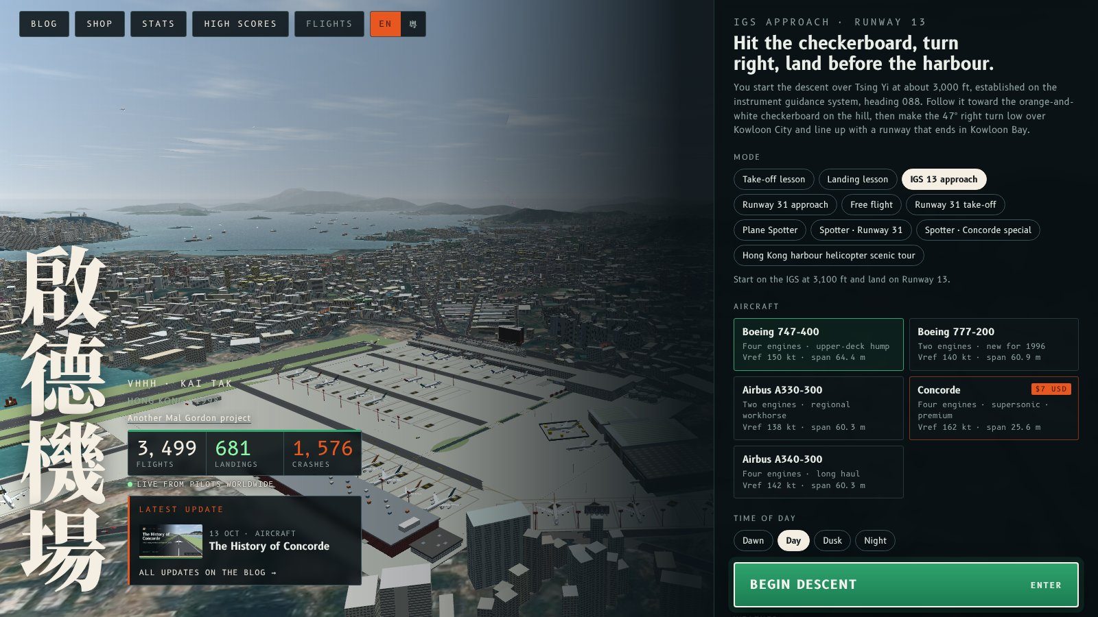 The Fly Kai Tak home screen with a strip of three totals under the airport name: flights, landings and crashes.