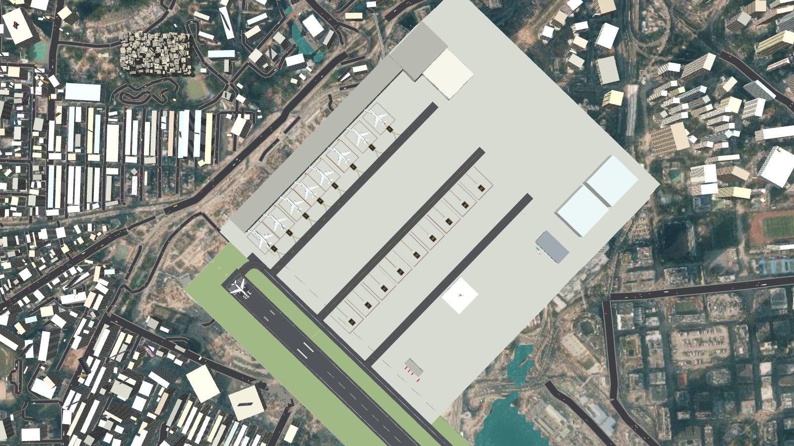 Top-down view of the Kai Tak apron with the terminal pier, eight nose-in stands and three apron lanes.