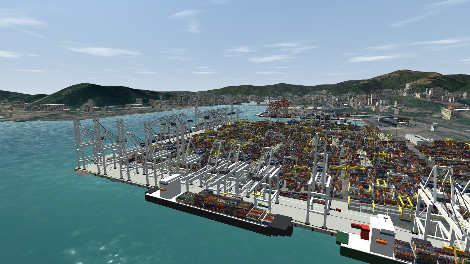 White quay cranes working container ships along a quay, with stacked yards and rubber-tyred gantries behind.
