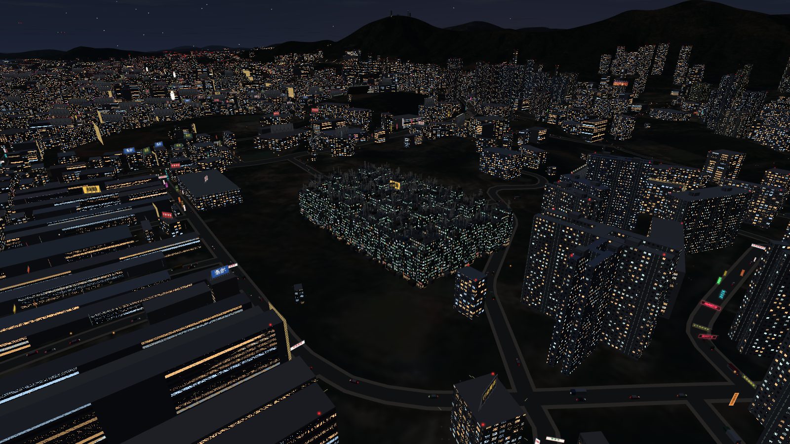 Night view from above the Walled City, a lit block among dark ground and bright surrounding towers.