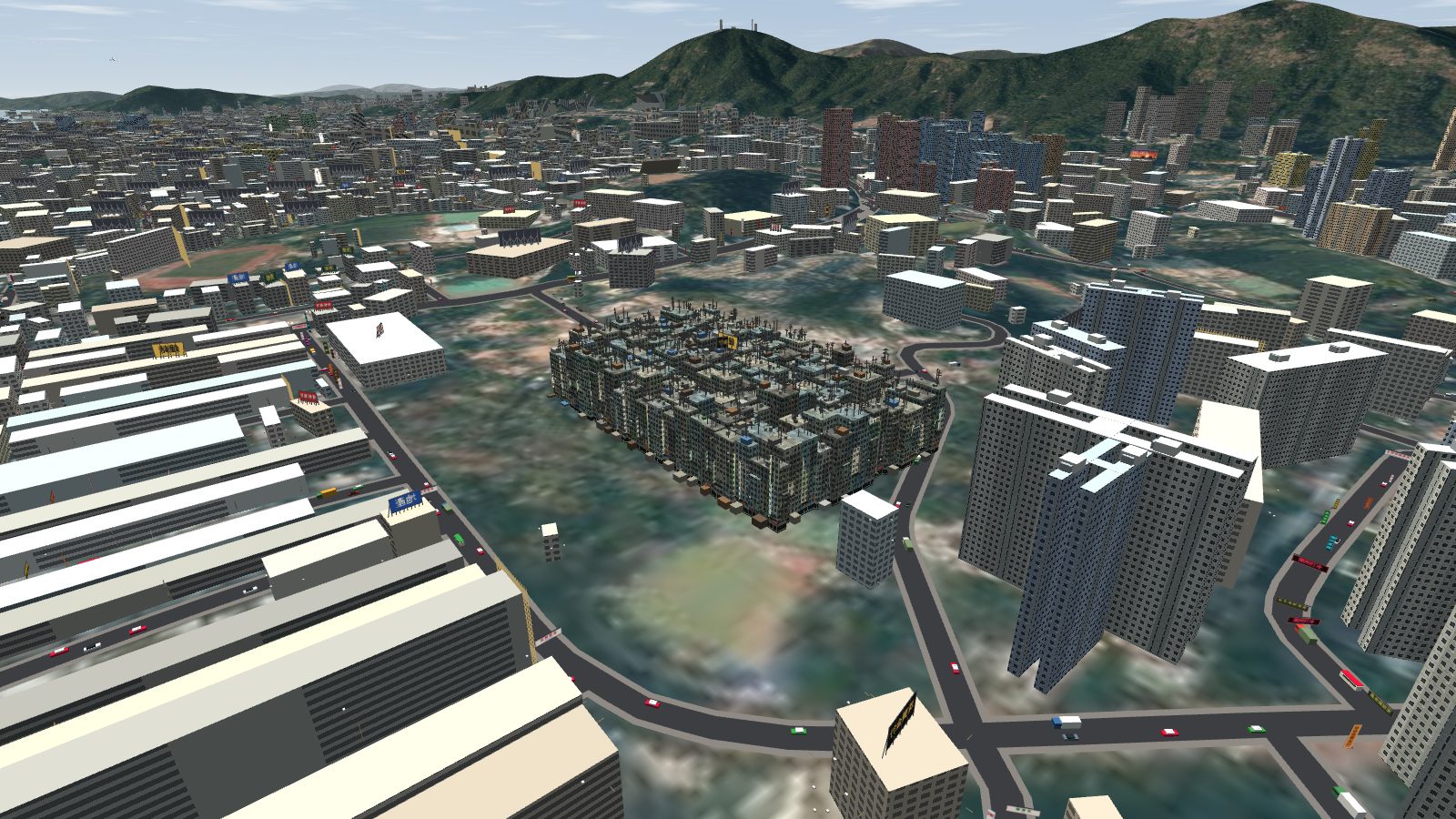 Kowloon Walled City from above: a dense block of grey and green buildings with a ragged roofline, surrounded by roads and taller apartment towers.