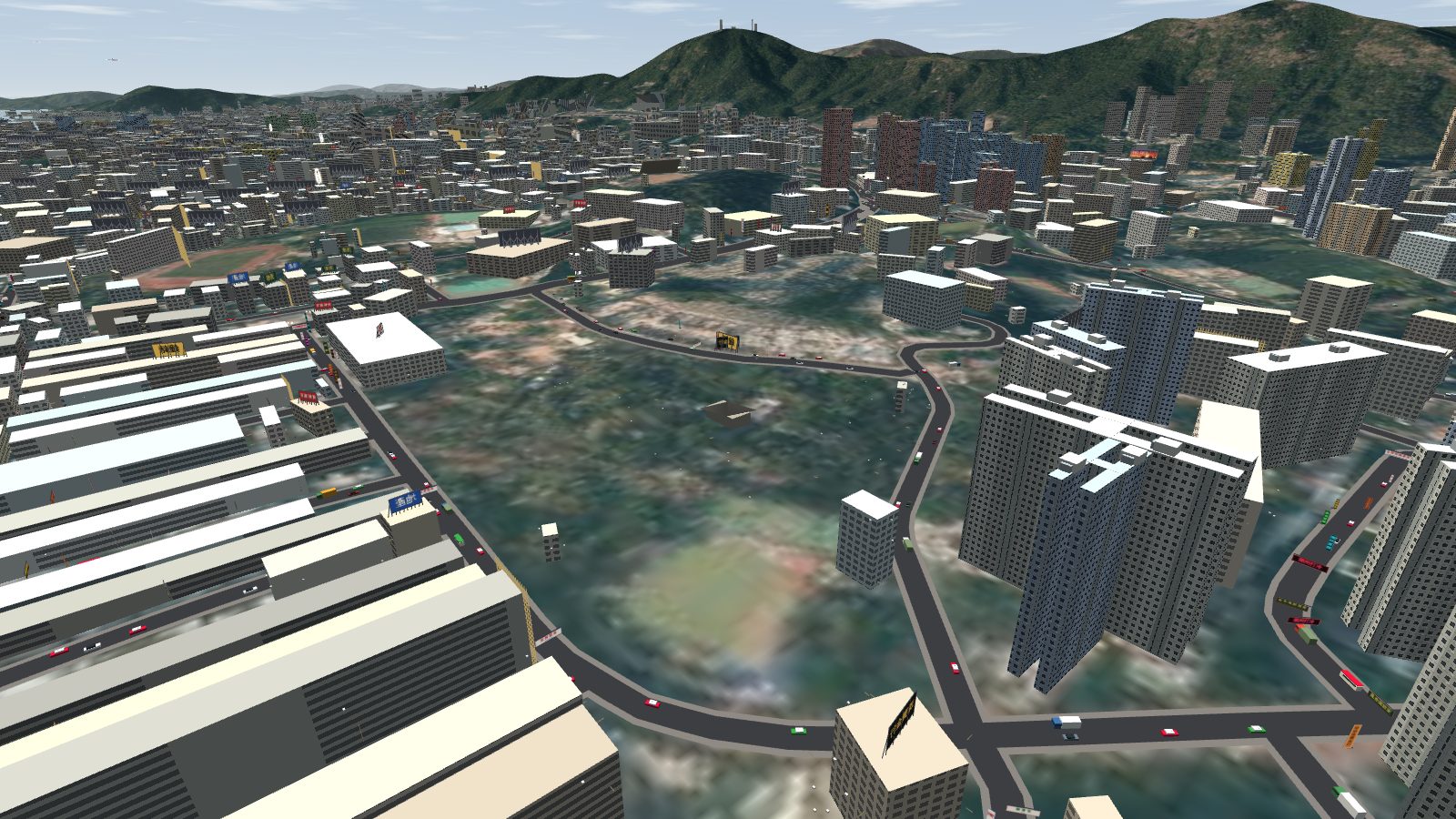 The same site in 1998 as a park: open ground with paths and a small pavilion where the Walled City stood.