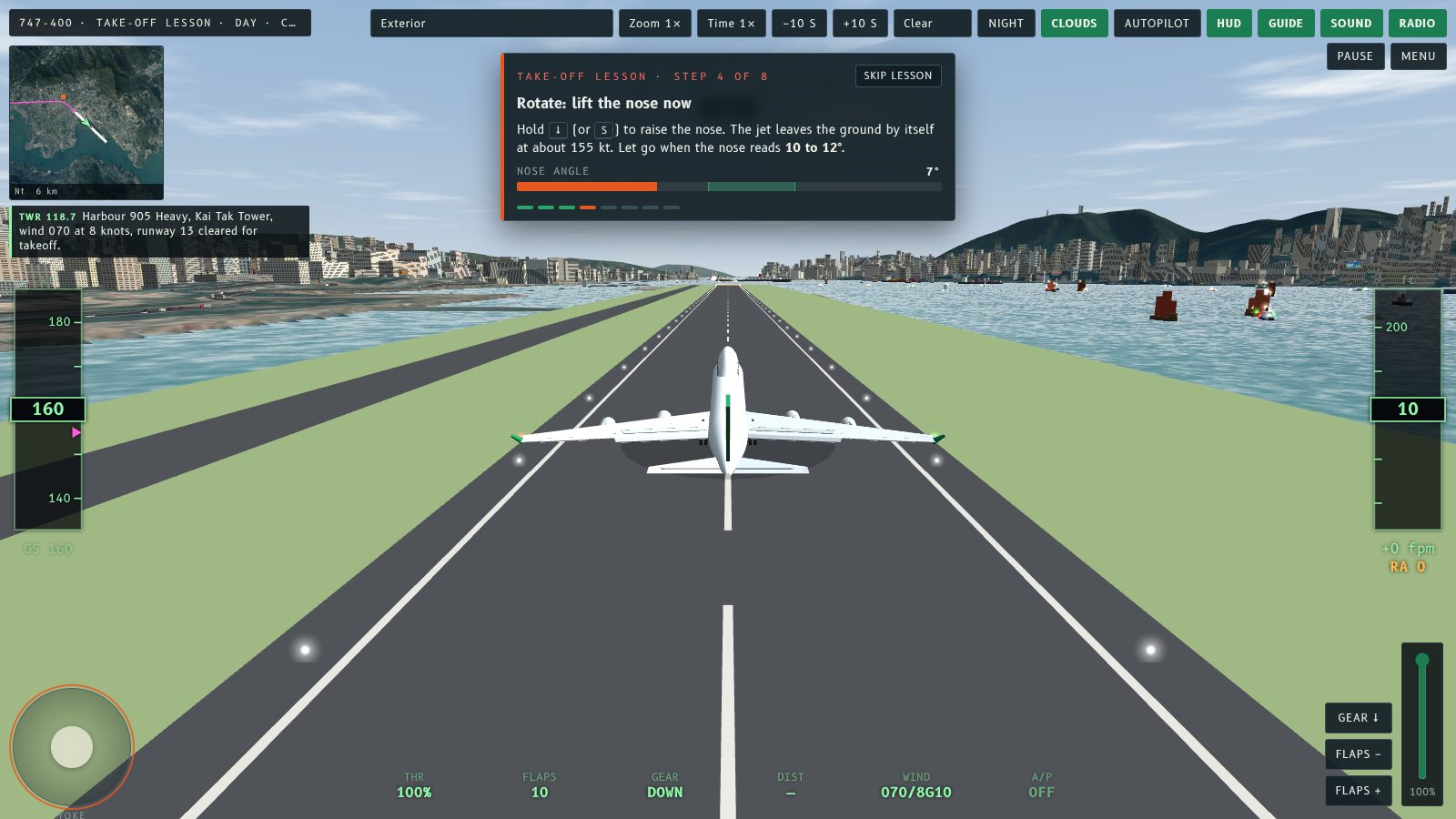 The lesson panel at step 4, Rotate, with a nose angle meter reading 7 degrees and the yoke highlighted.