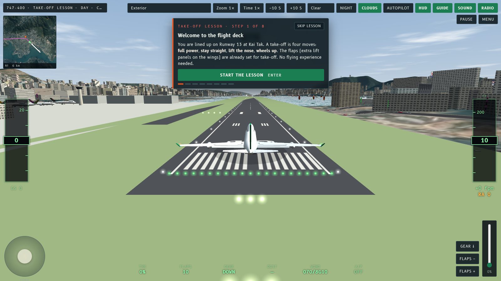 The Take-off lesson welcome panel above a 747 lined up on Runway 13 at Kai Tak, with a Start the lesson button.