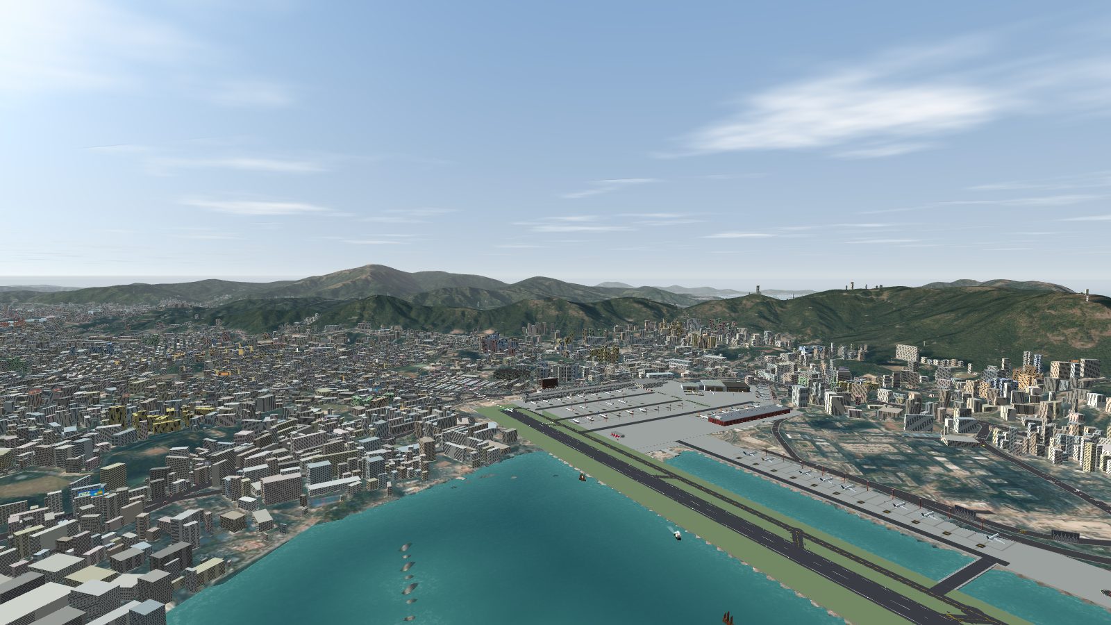 Kai Tak's Runway 13 seen from above Kowloon Bay, with Kowloon climbing to a green ridge and Lion Rock at its centre.