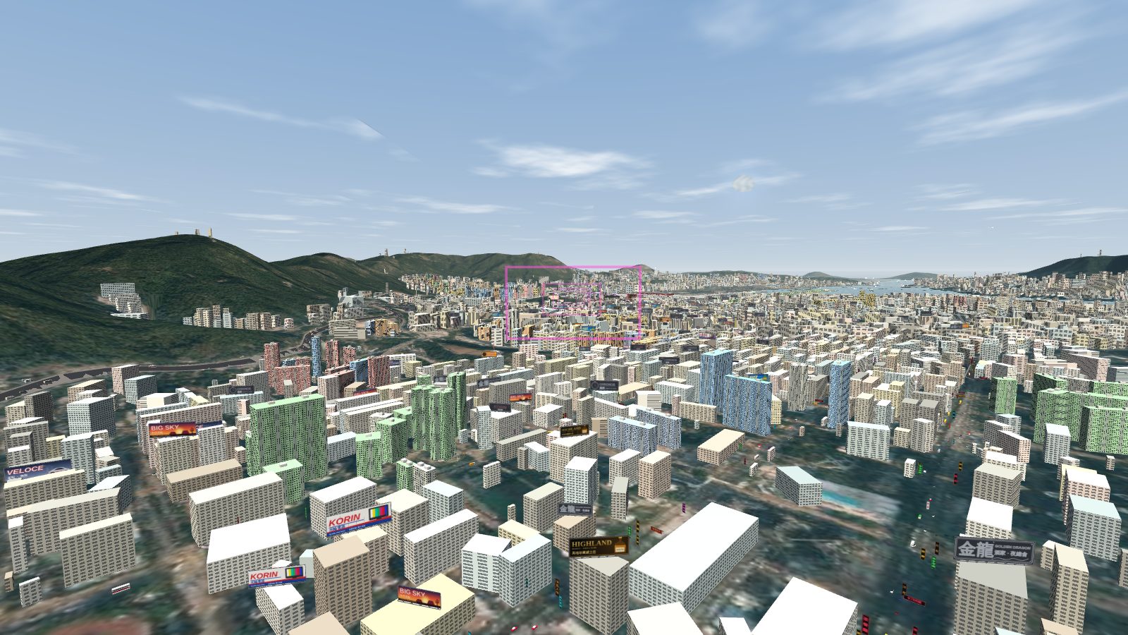 View from the 747-400 on the IGS course with the hills of the Kowloon ridge on the left and the magenta approach gate ahead.