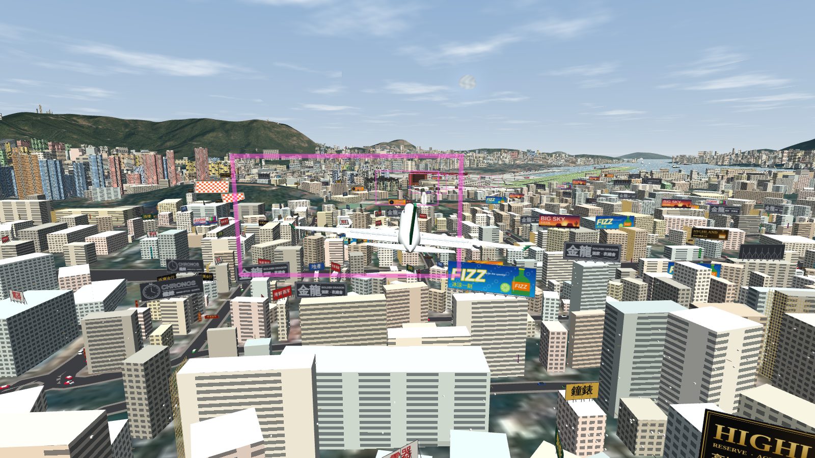 A 747-400 seen from behind approaching the checkerboard, with the hills behind Kowloon on the left and Kai Tak in the distance.