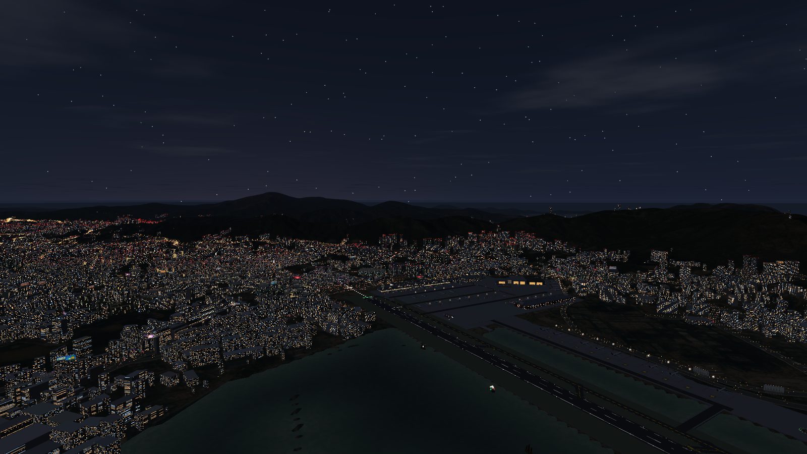 Kowloon at night, a sea of lit windows below a dark ridge under a starry sky, with Runway 13 on the right.
