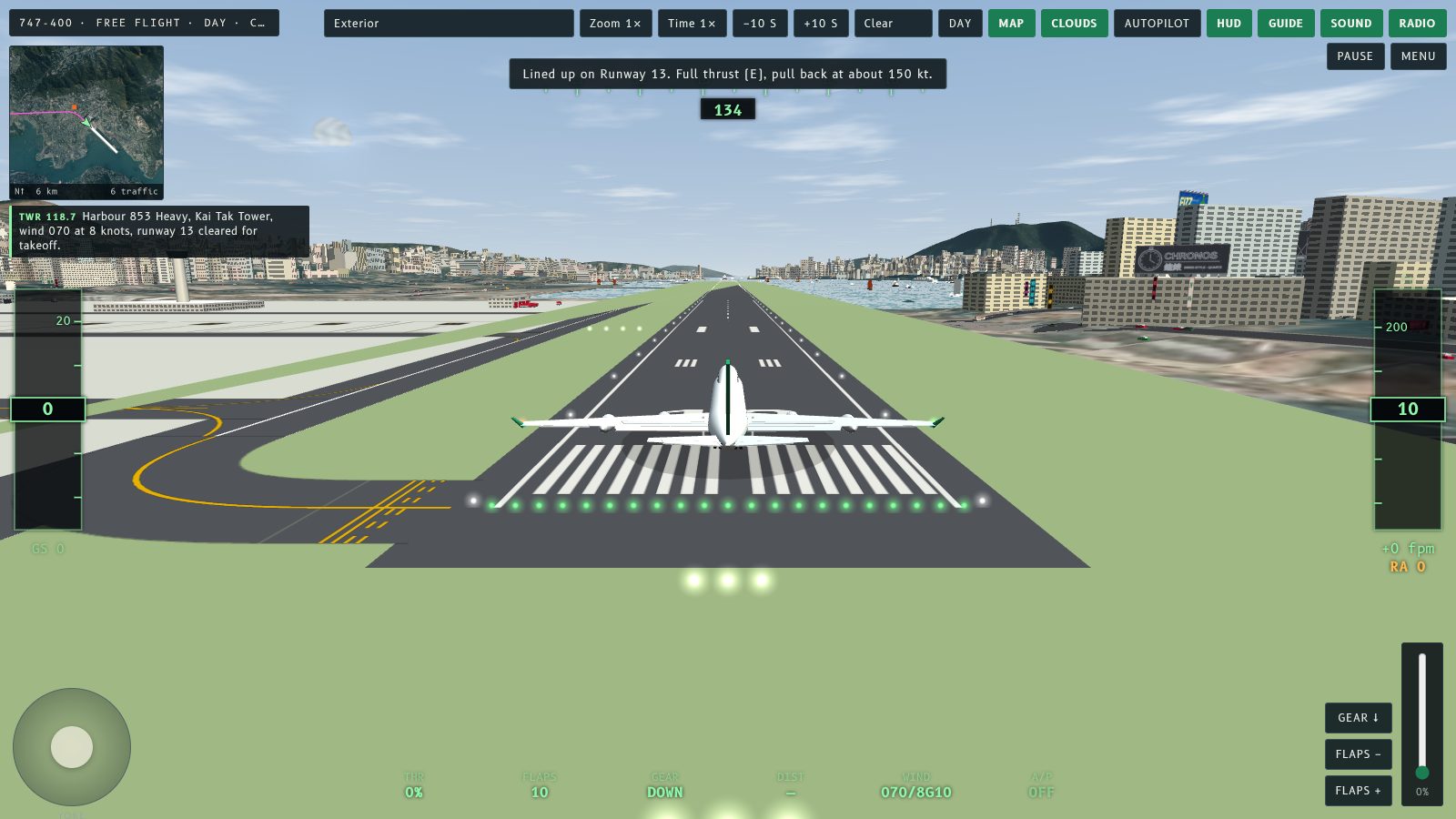 The 747 lined up on Runway 13 in free flight, with the corner map showing the runway and the traffic count.