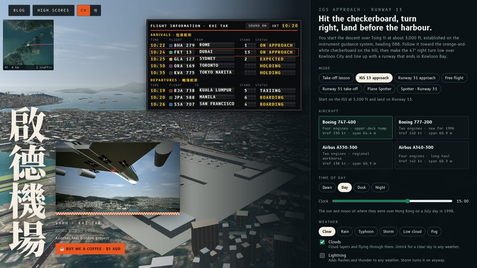 The home screen with the corner map showing the demo aircraft on the IGS approach.