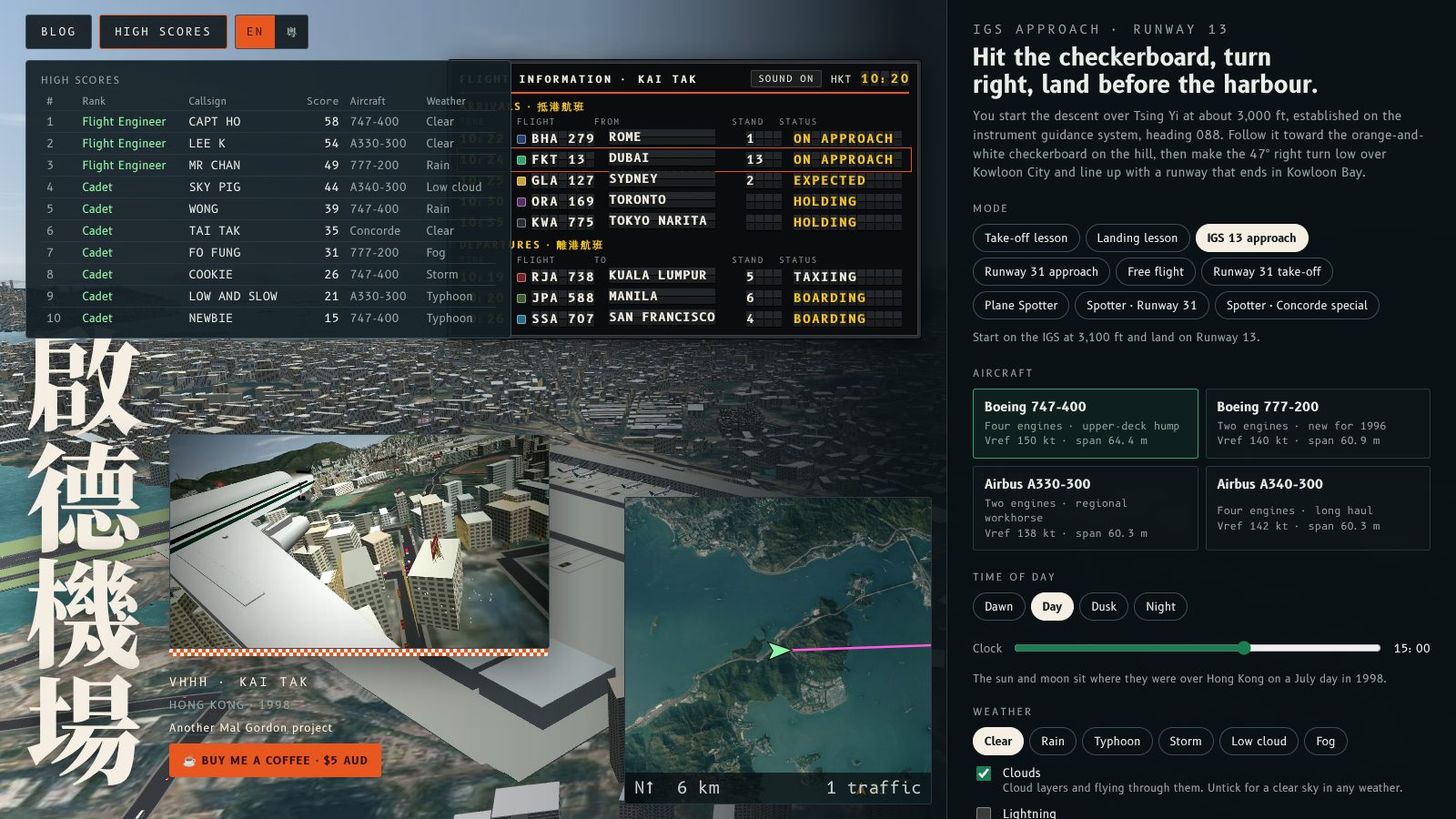 The home screen with High scores open and the larger map at the bottom right, clear of the panel.