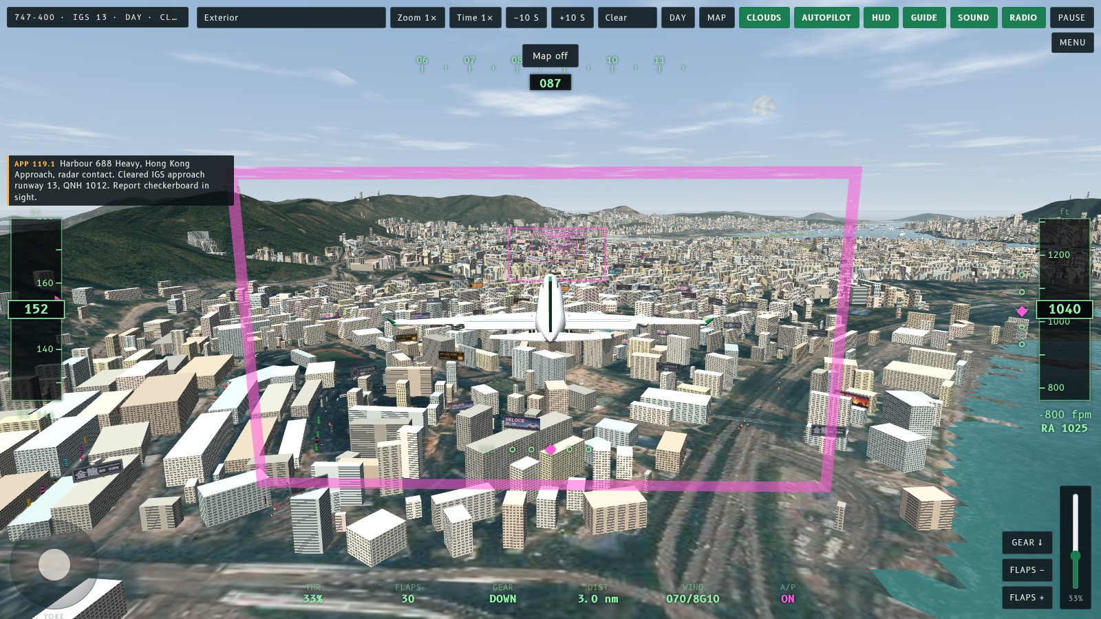 The same approach with the corner map hidden and a Map off message at the top of the screen.