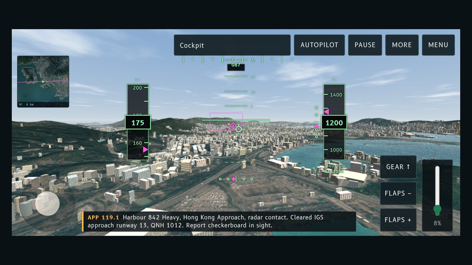 Landscape phone view of the IGS approach with the yoke bottom left, gear, flaps and thrust lever bottom right, and a compact toolbar.