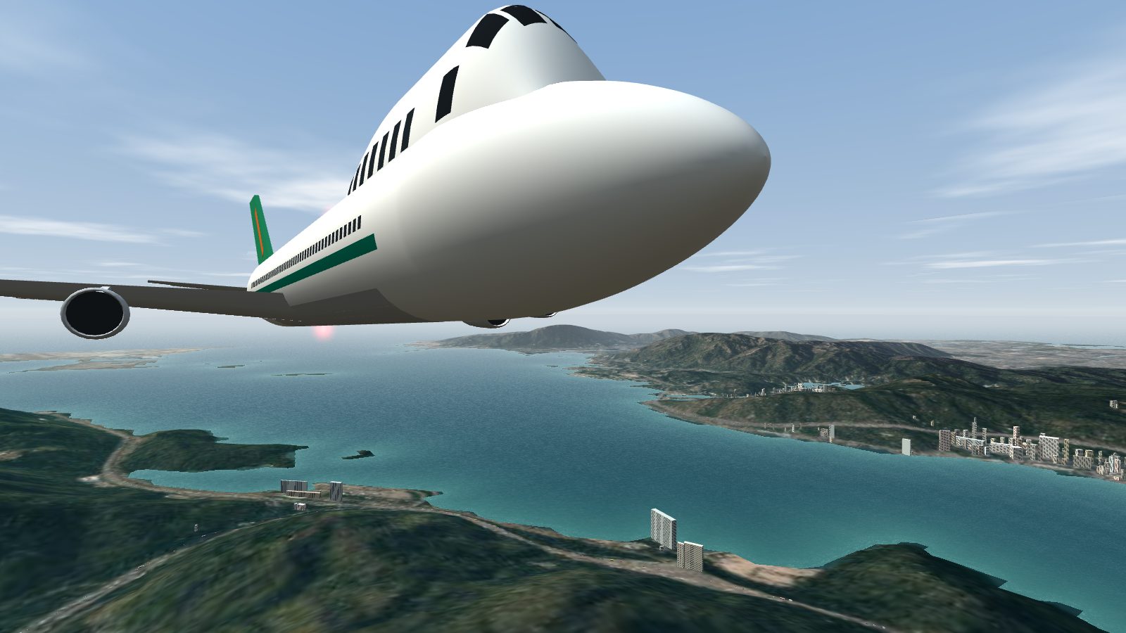A 747-400 seen from ahead and below, with its upper deck rising behind the nose and the windscreen set into the skin.