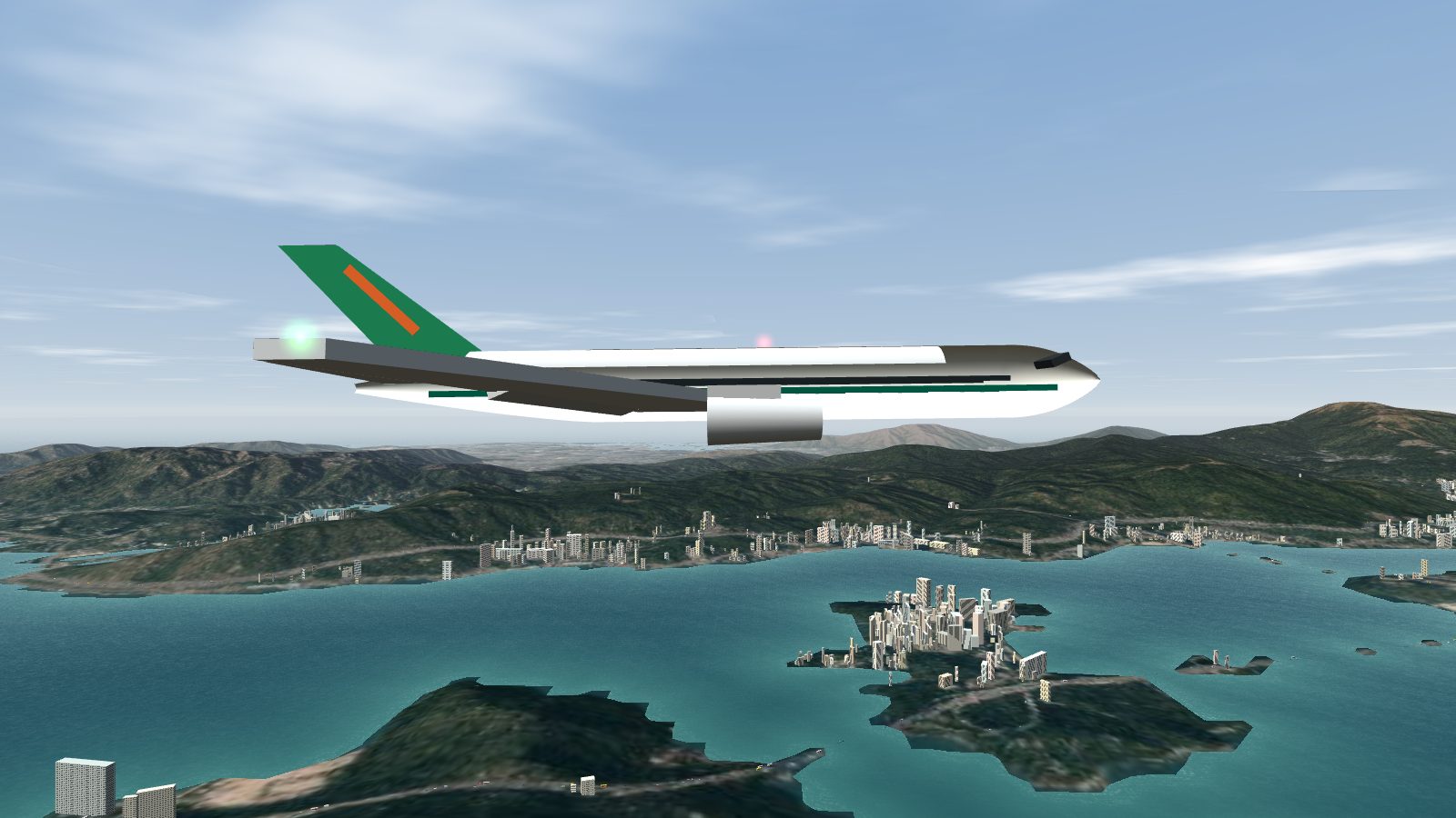 The old 777-200 in side view, with a thick slab wing and a cylinder engine.