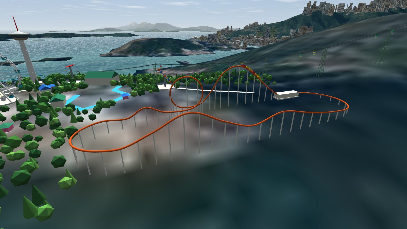 The Dragon roller coaster on the headland with its vertical loop, supports and a train, and the cable car line overhead.