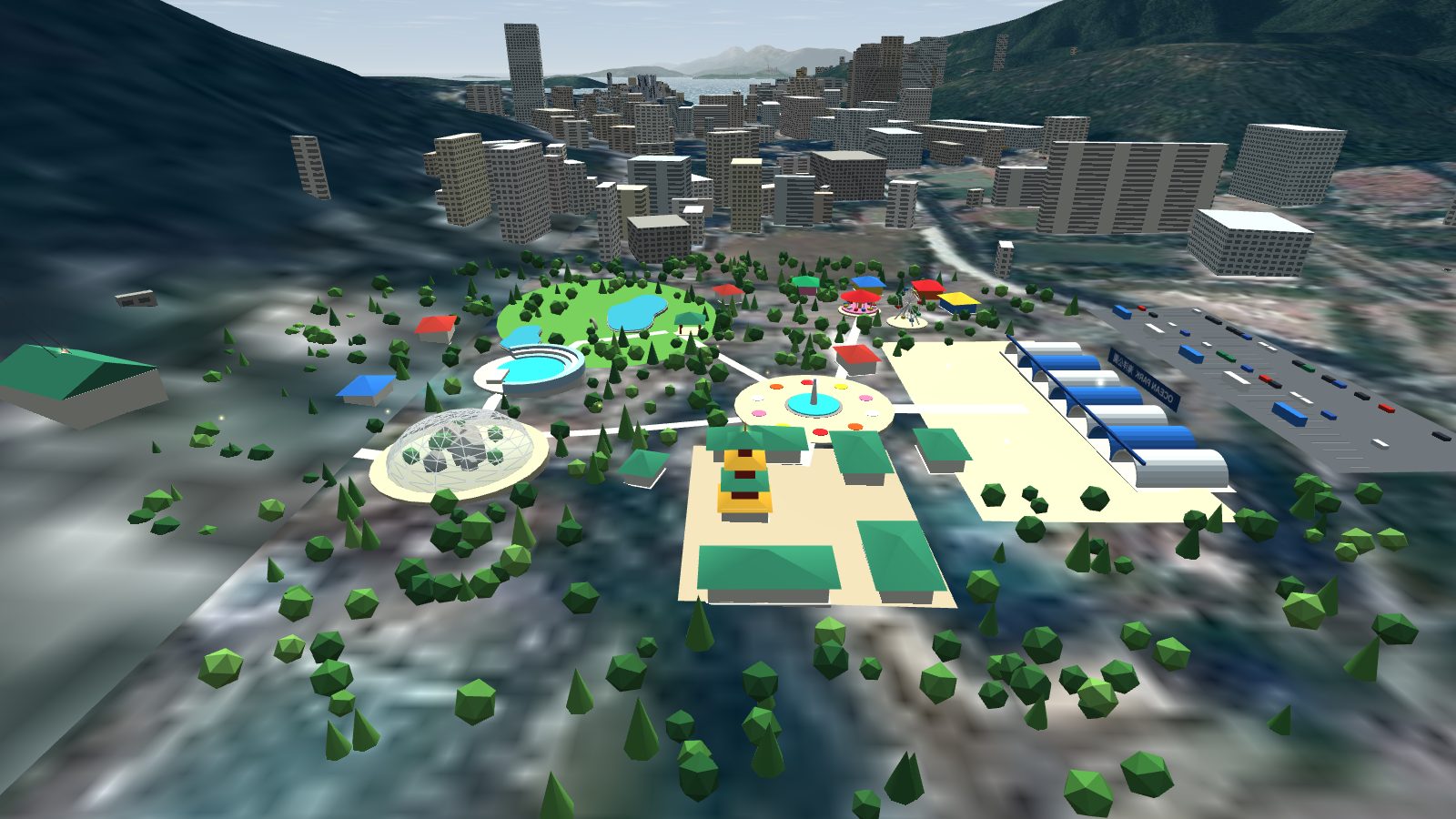 Aerial view of the Ocean Park lowland: a car park and entrance canopies on the right, a fountain in the middle, a pagoda courtyard, a lawn with ponds and an aviary dome.
