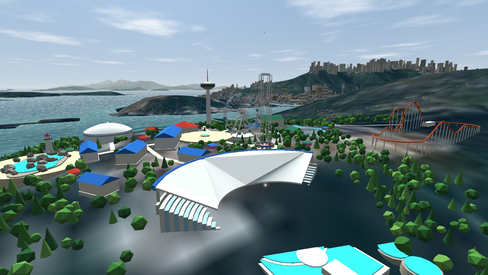 Aerial view of the Ocean Park headland from the sea: a tower, a Ferris wheel, a drop tower, blue-roofed halls, a fan-shaped theatre and a looping roller coaster.