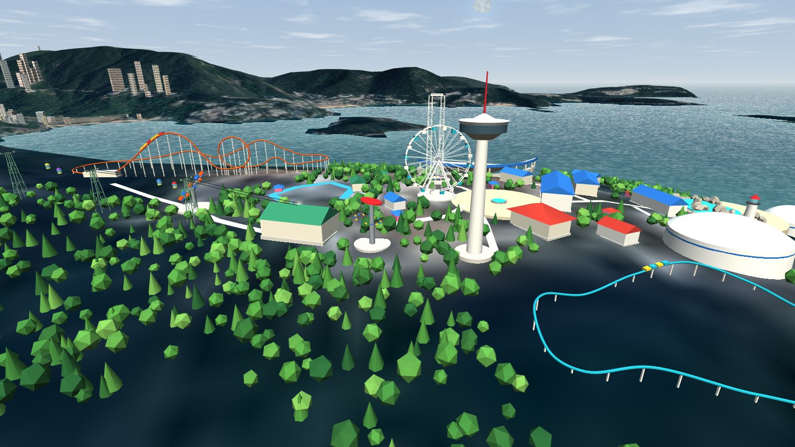 The Ocean Park headland from the west, with the tower and Ferris wheel in the middle, a roller coaster on the left and the cable car arriving at its station.