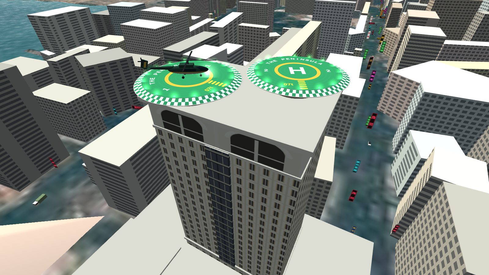 The two green helipads on top of the Peninsula tower, with the hotel S-76 parked on pad No. 1.