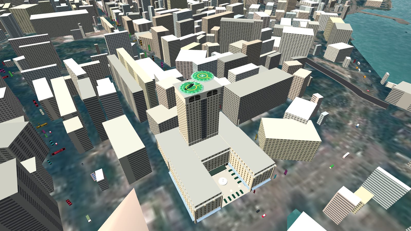 Aerial view of the Peninsula: the H-shaped old building, the tower behind and the two green pads on its roof.