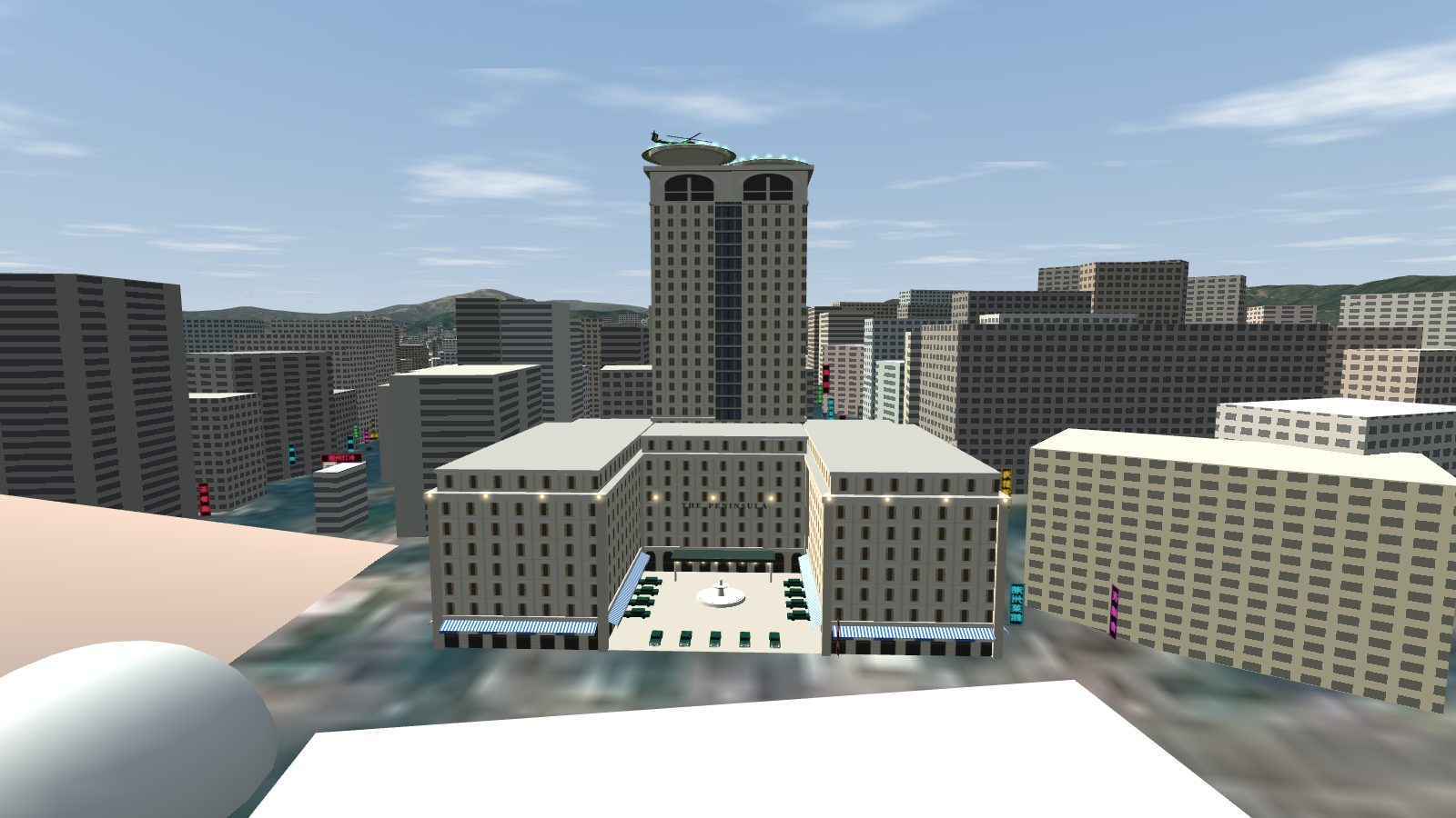 The Peninsula Hotel from over Salisbury Road: two cream wings round a forecourt with a fountain and green cars, and the tower behind.