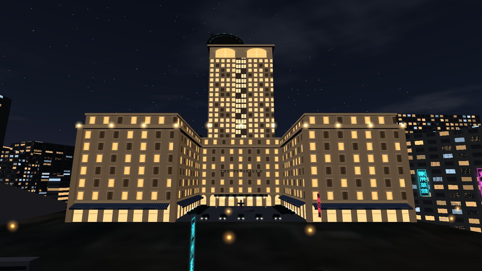The Peninsula floodlit gold at night, the tower behind the wings and cars lined up in the forecourt.
