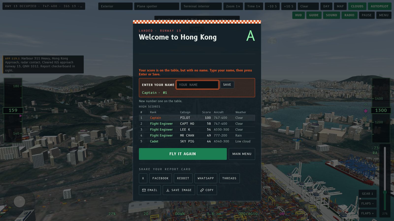 The result screen for a score of 100 with a highlighted Enter your name box and a Save button, above a high score table with PILOT at number one.