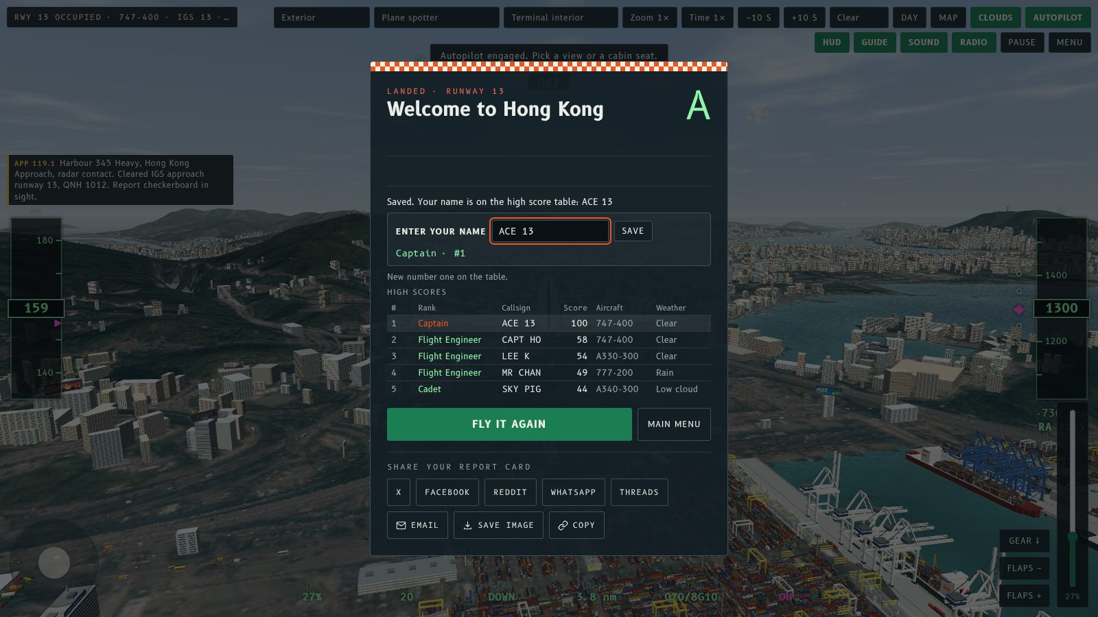 The same result screen after typing ACE 13 and pressing Save: a line confirms the name is saved and the table shows ACE 13 with 100 at number one.