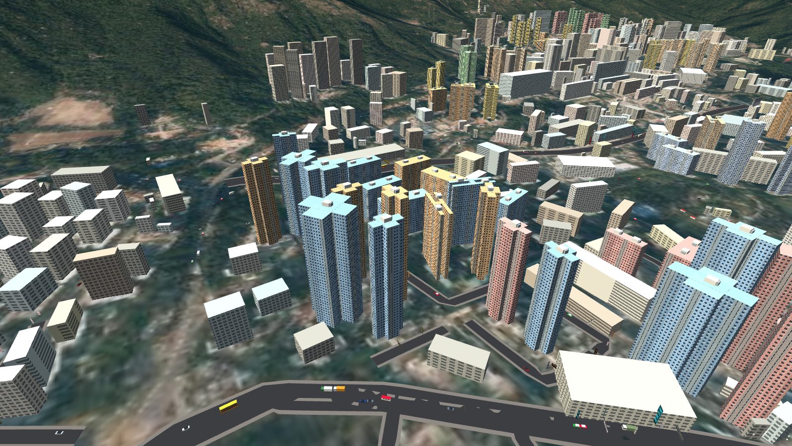 Wang Tau Hom Estate: cross-plan towers in blue and orange standing together on the hillside, with lift motor rooms and water tanks on the roofs.