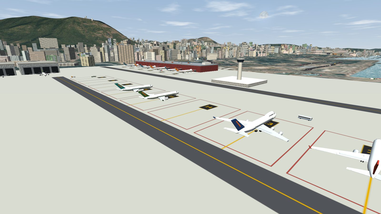 Aircraft parked nose-in on the remote stands along apron lane D2.