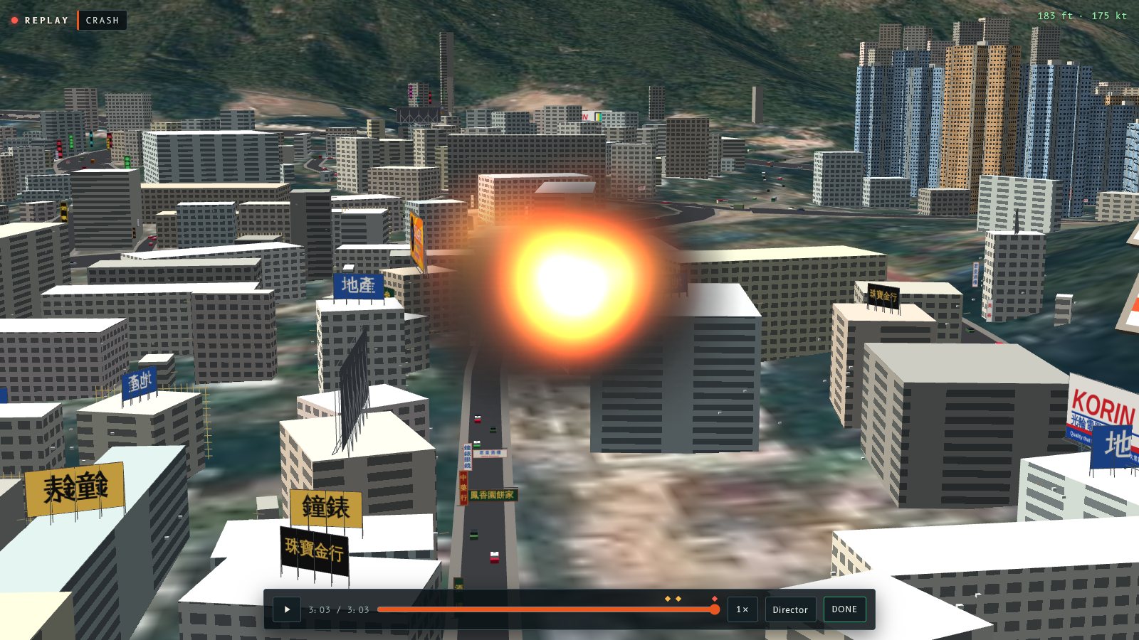 A wide replay shot of the fire and smoke where an approach ended in Kowloon.