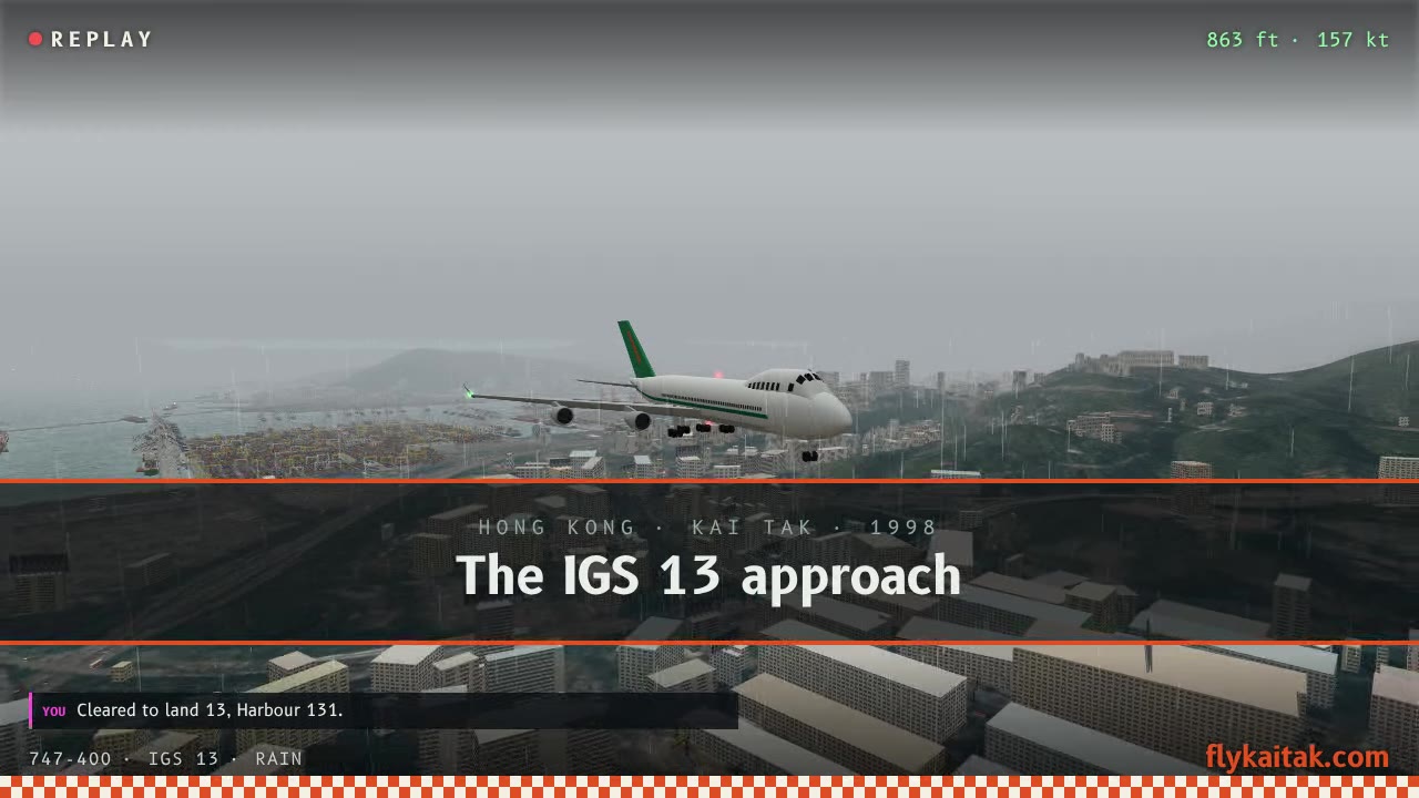 A frame from a replay video in the rain: a 747 over Kowloon with the radio call Cleared to land 13 captioned at the bottom left.