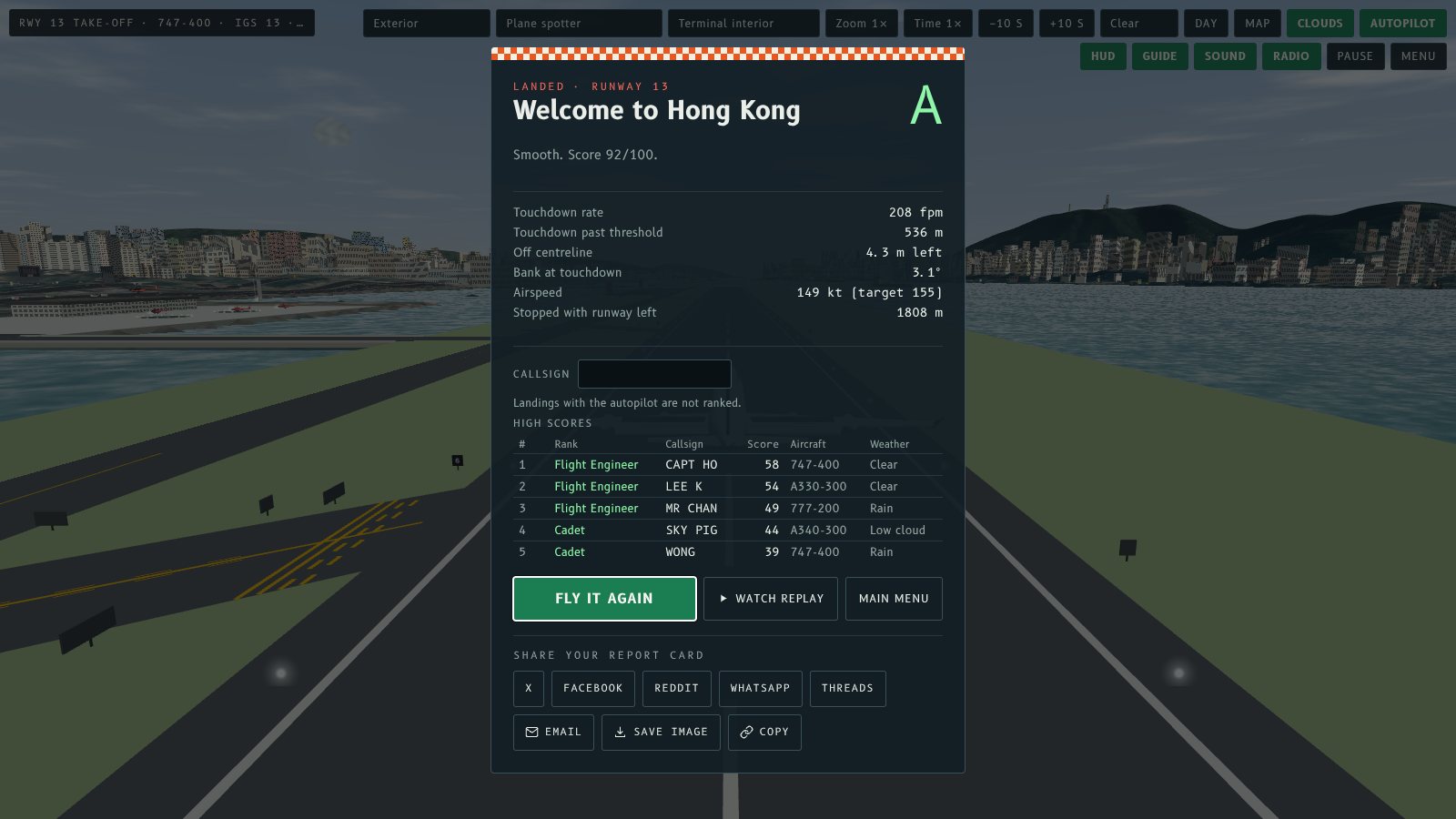 The landing report card with a Watch replay button between Fly it again and Main Menu.