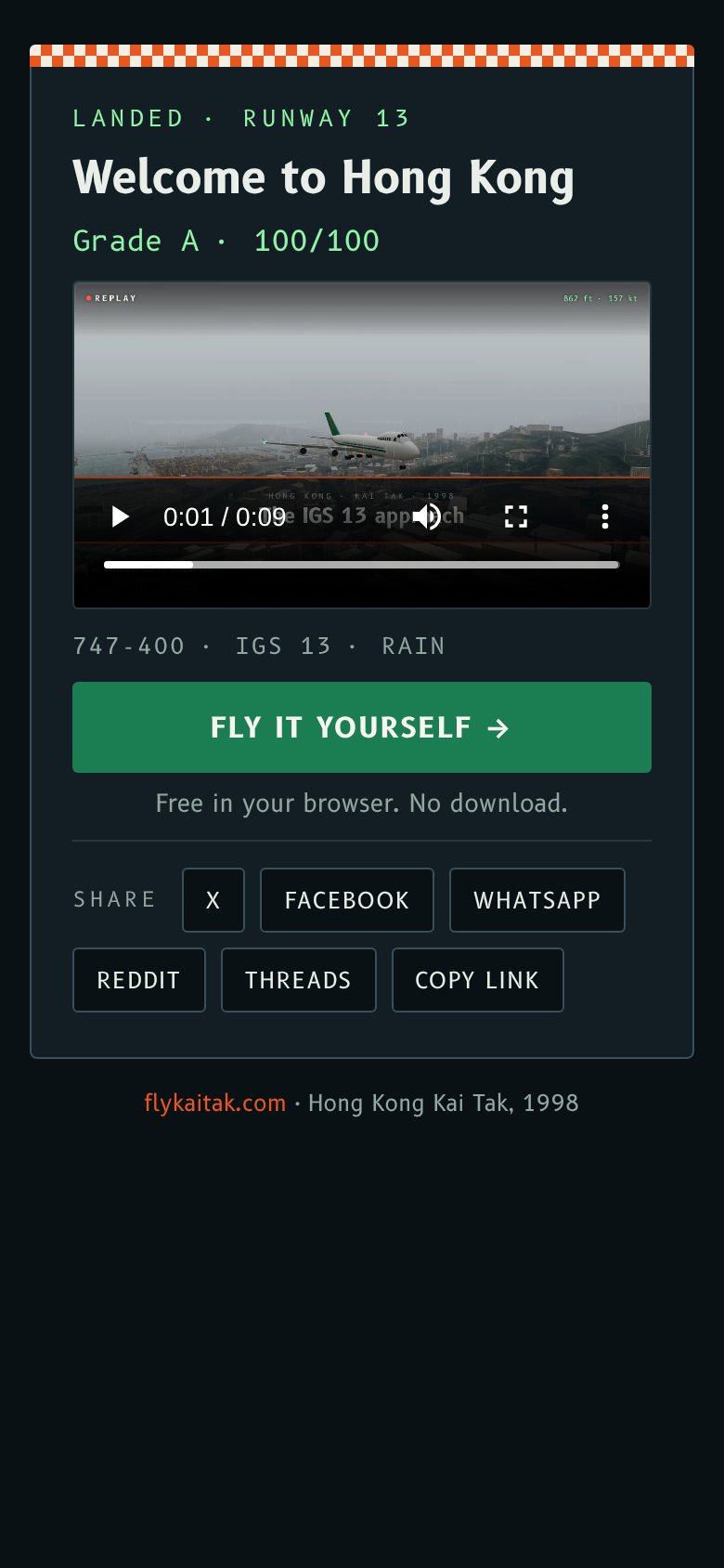 The same replay page on a phone, with the video, the Fly it yourself button and share buttons.