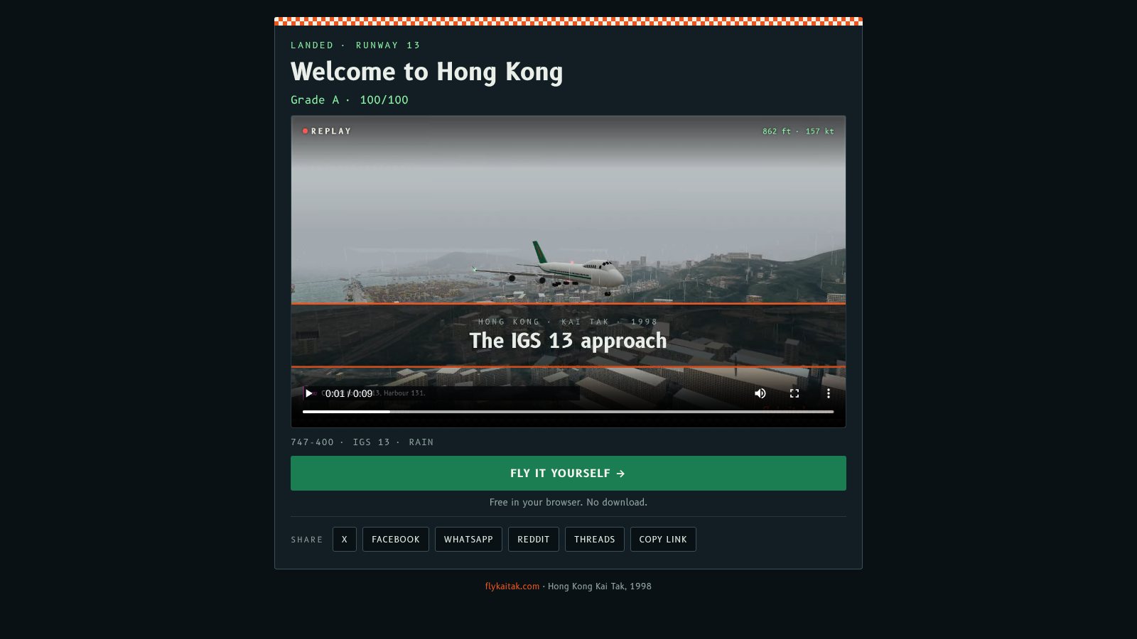 A replay share page: Welcome to Hong Kong, Grade A, the video, a Fly it yourself button and share buttons.