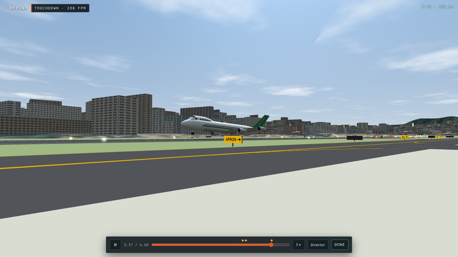 A 747 a second from touchdown on Runway 13, seen from runway level, with the replay bar along the bottom.