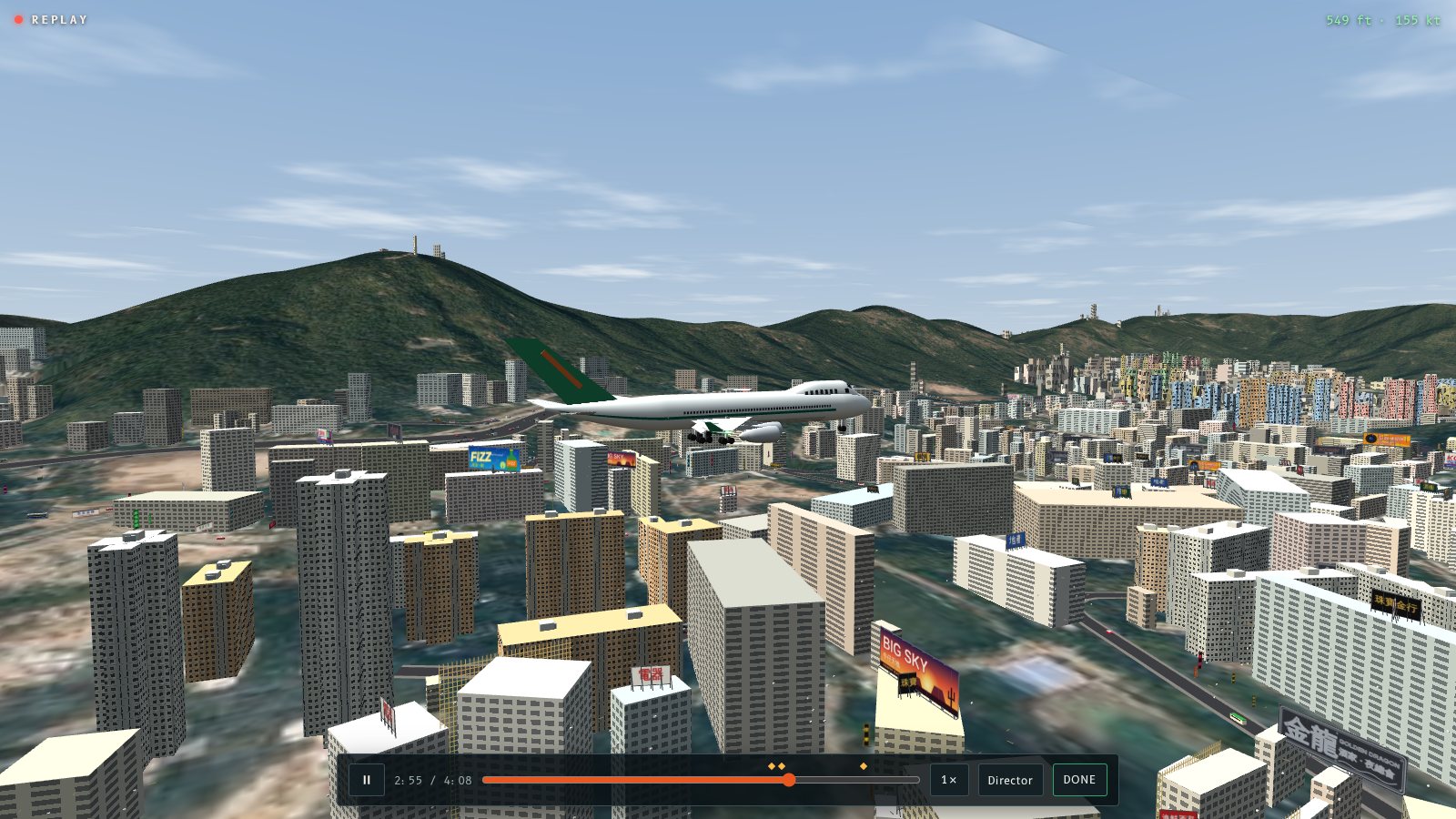 Side-on chase view of a 747 banking right over Kowloon City during the replay.