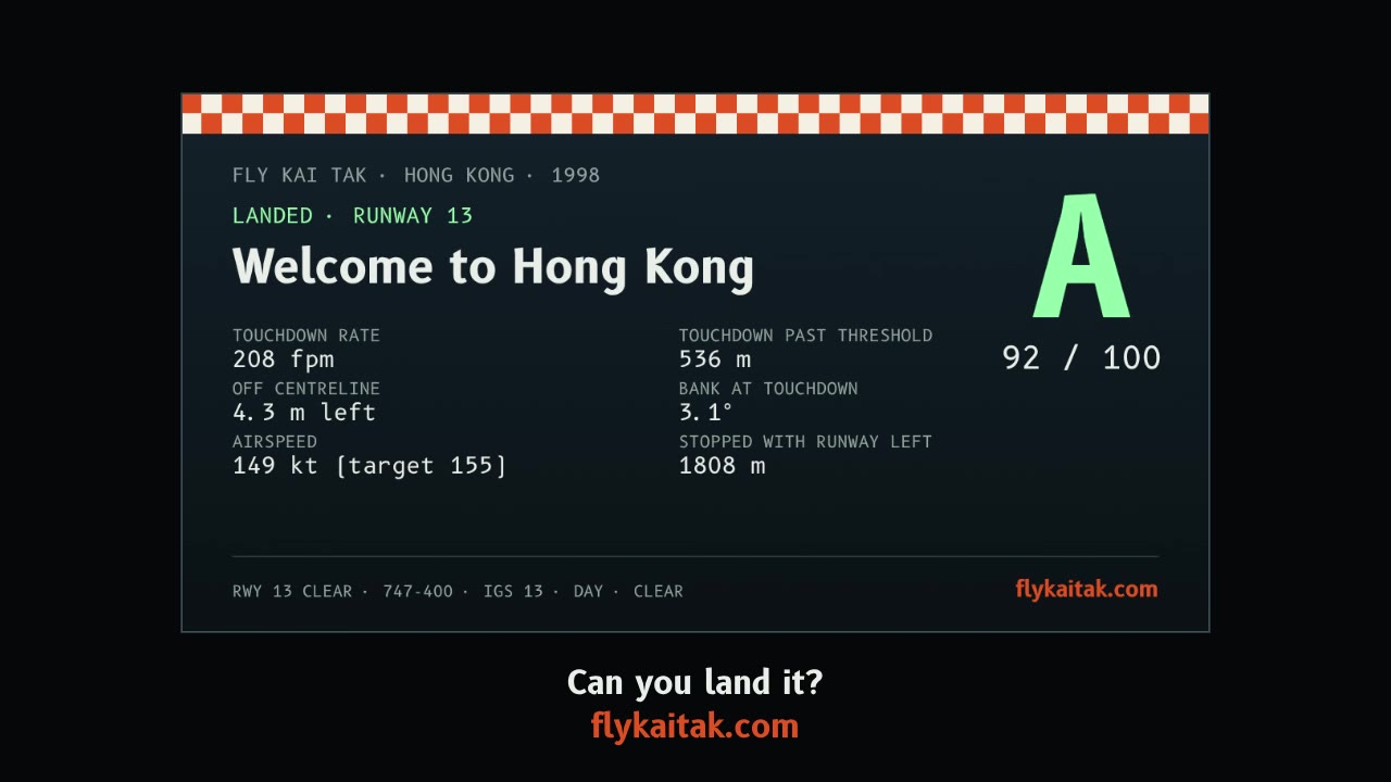 The end of the video: the report card, grade A, 92 out of 100, with Can you land it? flykaitak.com underneath.