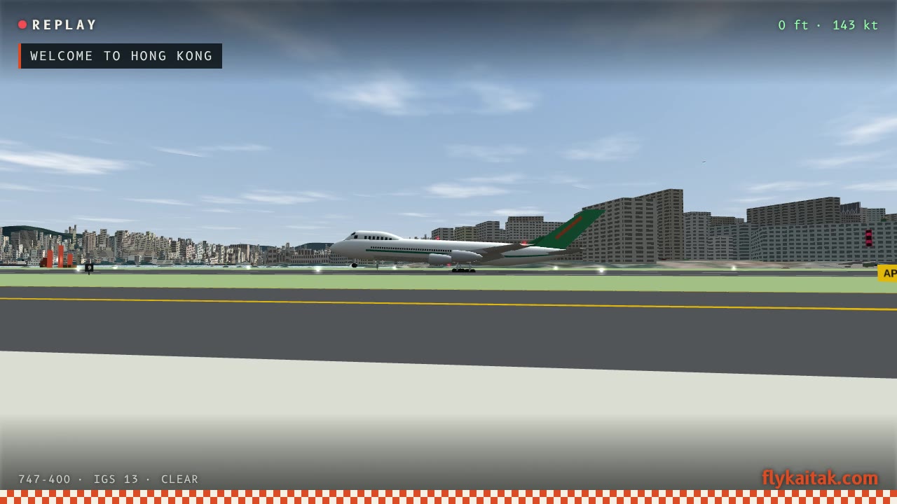 A frame from a replay video: a 747 rolling out on Runway 13 with the caption Welcome to Hong Kong, and flykaitak.com in the corner.