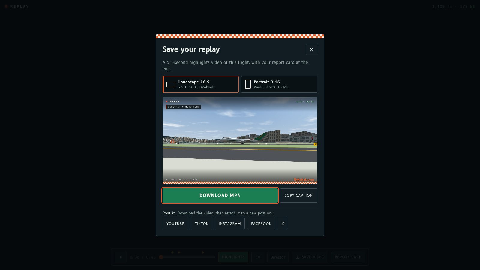 The Save your replay sheet: Landscape and Portrait choices, the finished video playing, Download MP4 and Copy caption buttons, and links to YouTube, TikTok, Instagram, Facebook and X.
