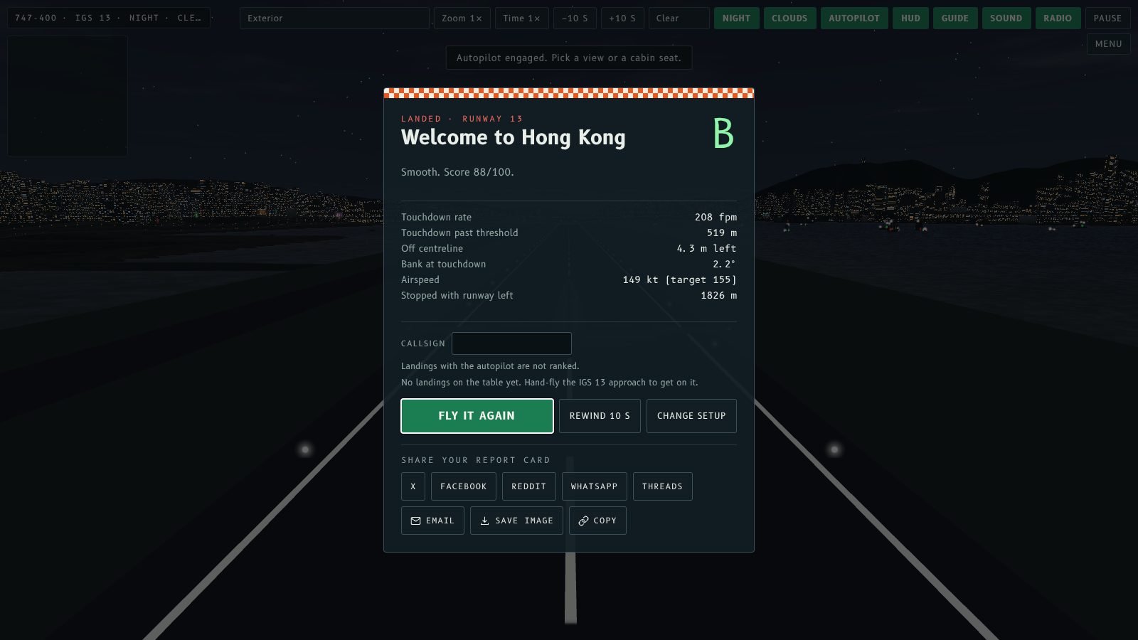 The result screen after a night landing on Runway 13, with grade B, the touchdown stats and a row of share buttons.