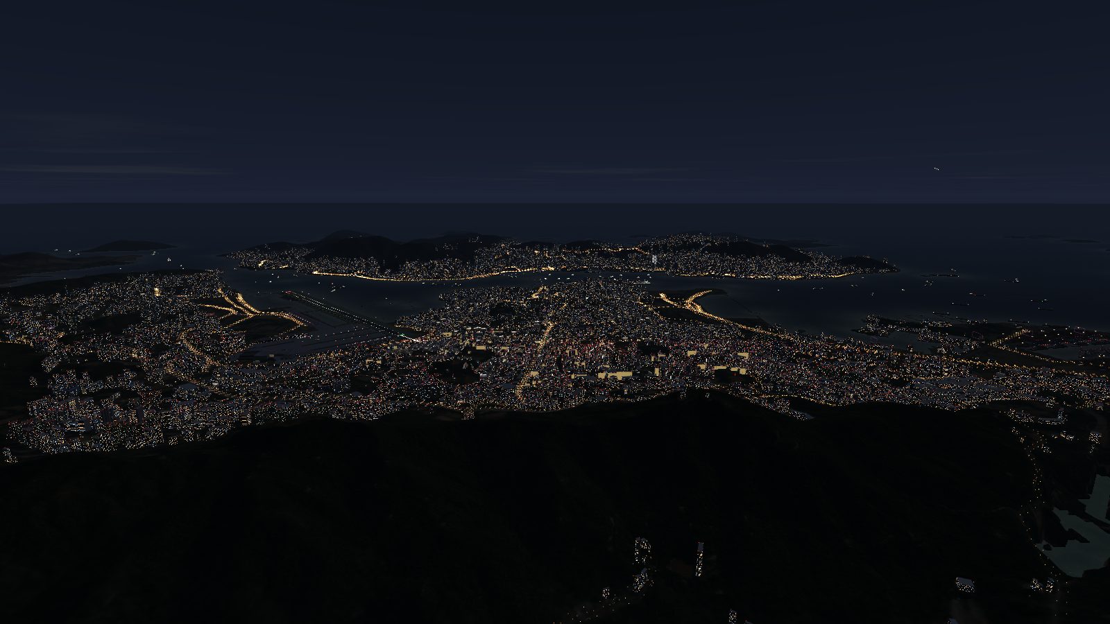Kowloon at night from above Lion Rock: lines of street lights tracing the main roads to the harbour and Hong Kong Island.