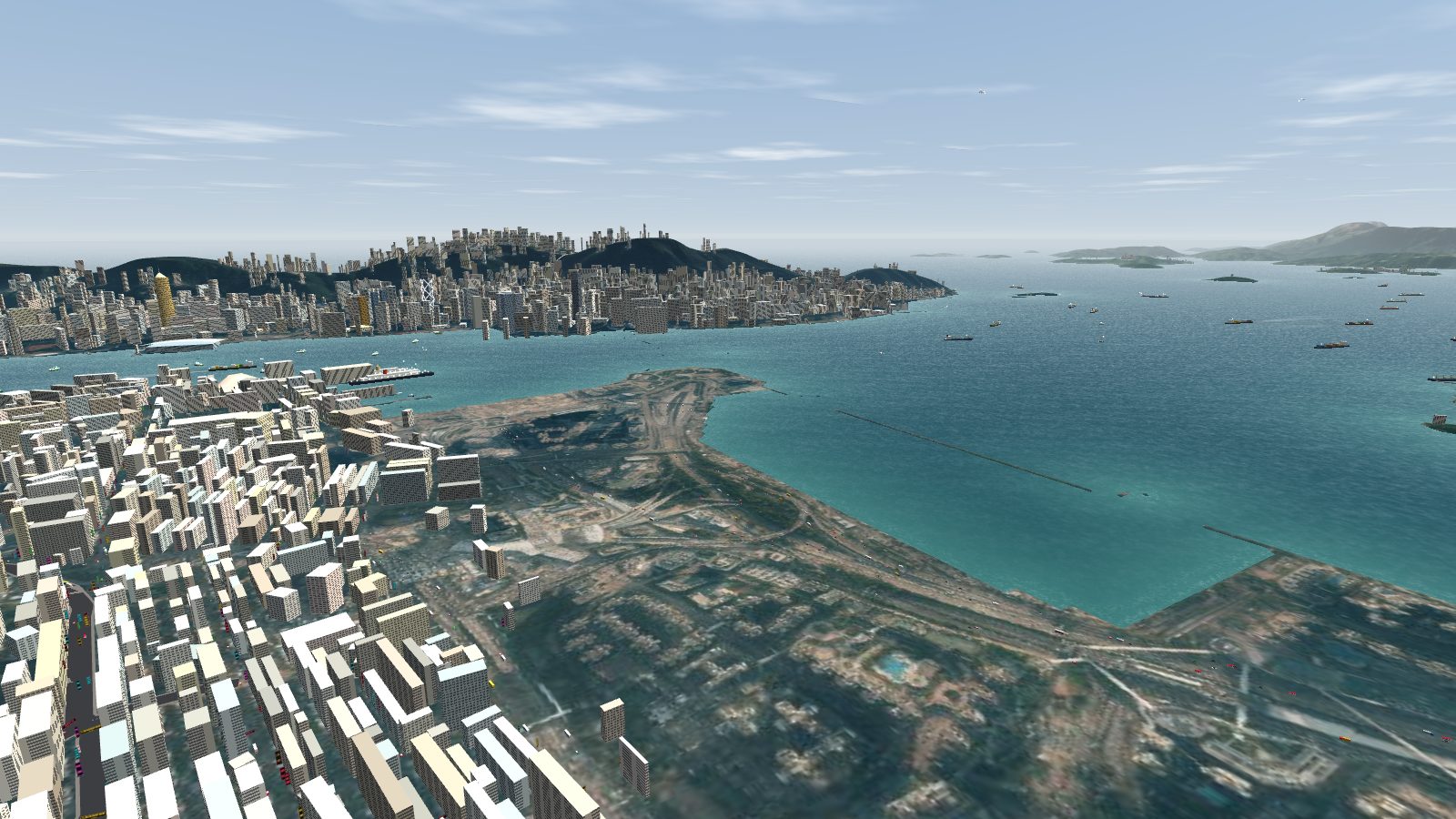Looking south-west over Yau Ma Tei at the bare West Kowloon reclamation, with the expressway along its edge and Hong Kong Island across the harbour.