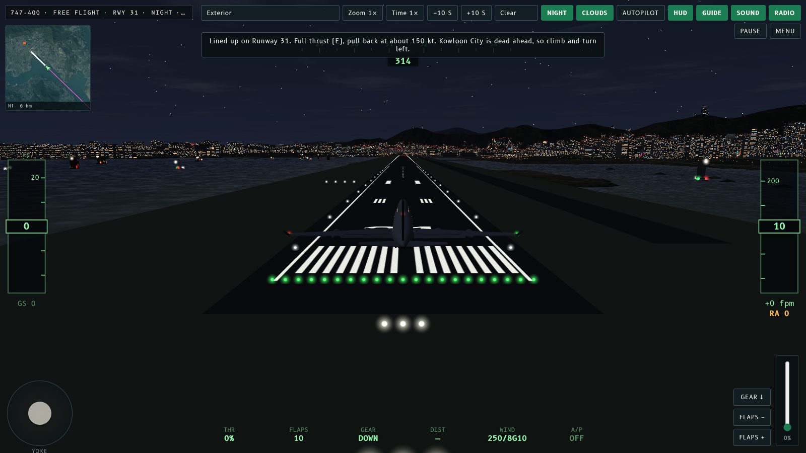 Night view of a 747-400 lined up on Runway 31 with the runway lights ahead and the lights of Kowloon beyond.