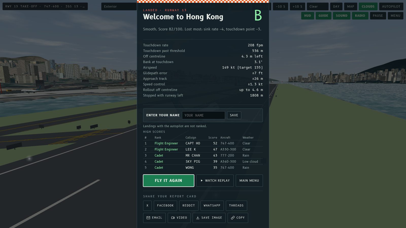 The result screen after a Runway 13 landing: grade B, the score out of 100, the two parts that lost the most points, and rows for glidepath error, approach track, speed control and rollout centreline.