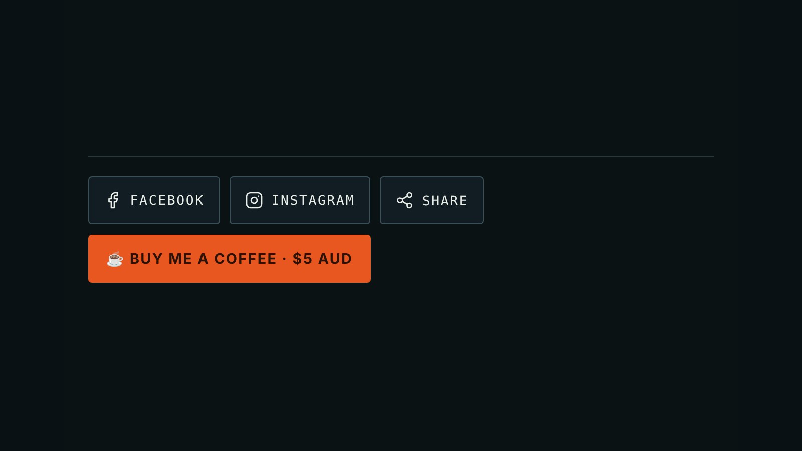 The home screen footer with Facebook, Instagram and Share buttons side by side on one row, and the Buy me a coffee button below.