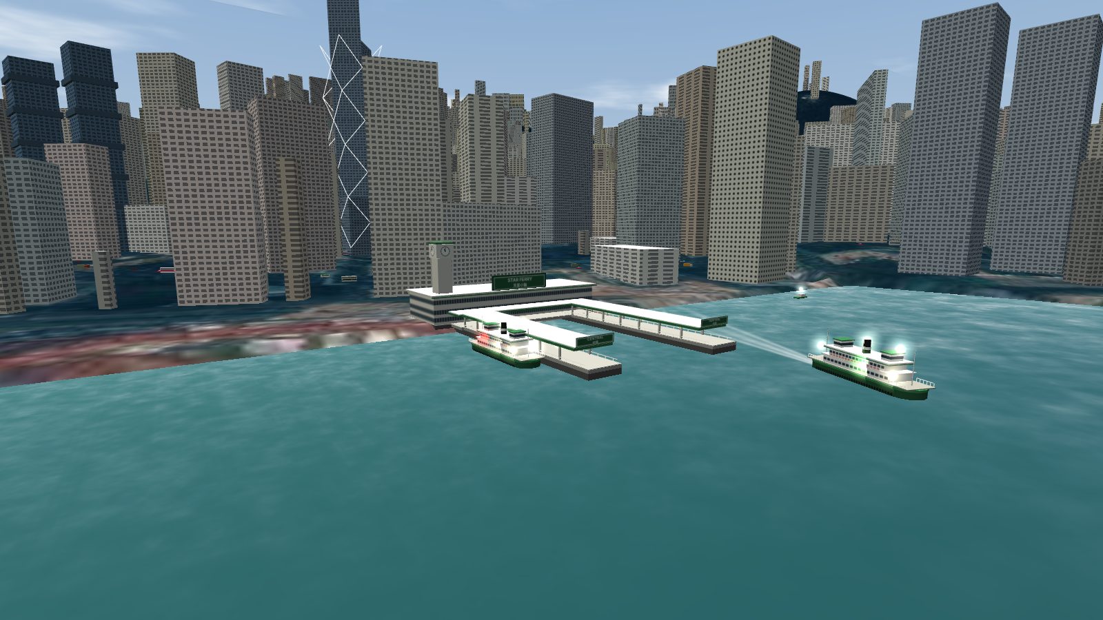 The Central Star Ferry pier with its clock tower and two finger piers, a ferry at one berth and another crossing towards Tsim Sha Tsui, with the Central towers behind.